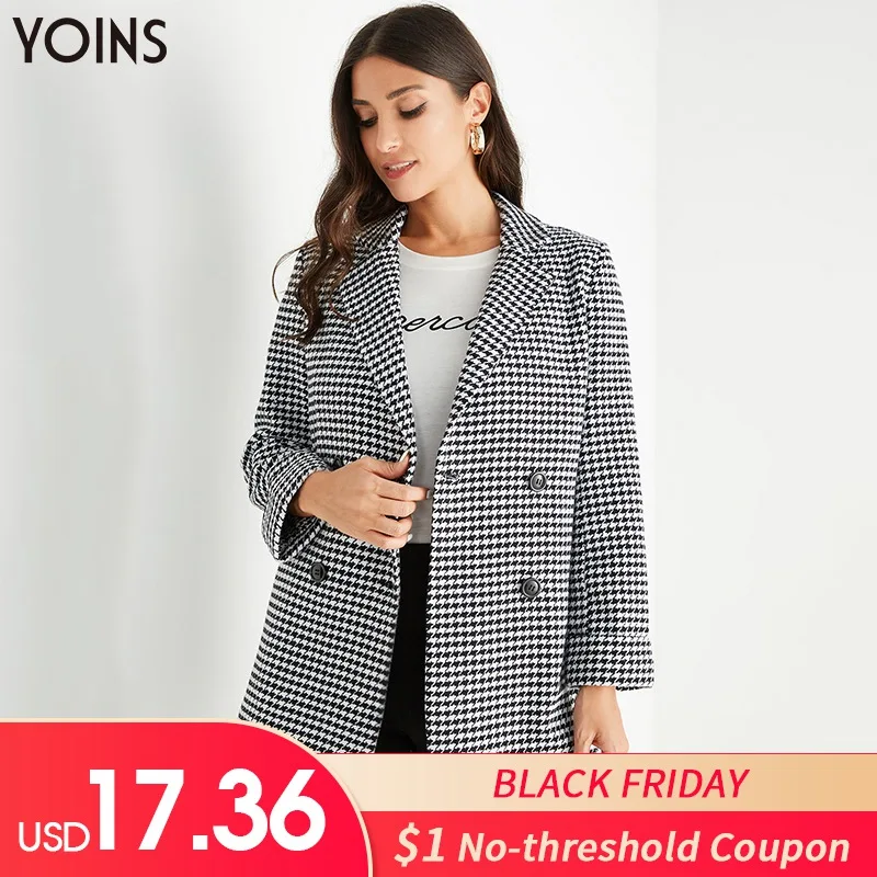 

YOINS 2019 Autumn Winter Women Blazers Black Houndstooth Front Button Lapel Collar Long Sleeves Blazer OL Chic blazer feminino