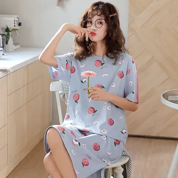 

M-2XL comfortable night dress 2020 spring and summer round neck short sleeve cute cartoon cotton casual ladies night skirt