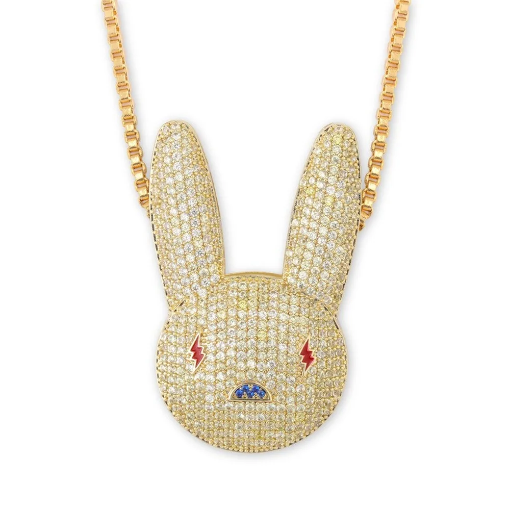 

Hip Hop Jewelry 18k Gold Plated Zirconia Simulated Diamond Iced Out Chain Cute Rabbit Pendant Necklace for Men Charm Gifts