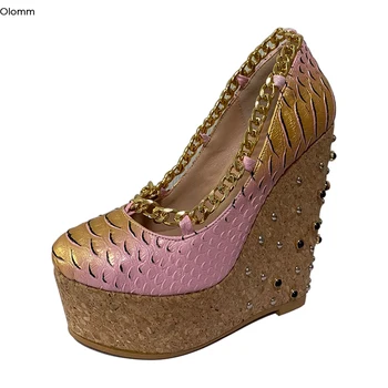 

Olomm Handmade Women Platform Pumps Fish Scales Wedges Heels Round Toe Gorgeous Pink Club Wear Shoes Women Plus US Size 5-20