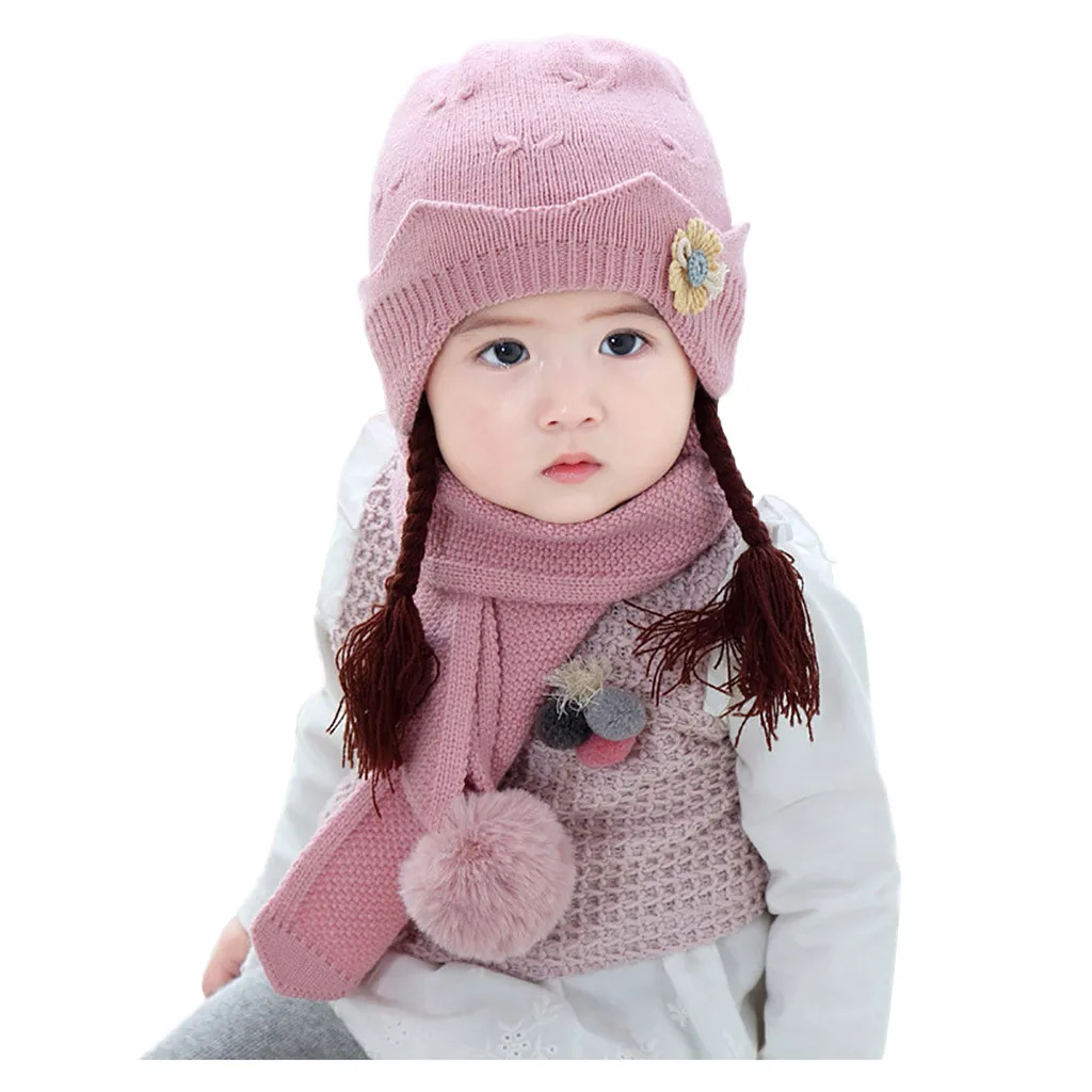 Комплекты из 2 предметов для маленьких девочек и мальчиков, шапочки, зимняя теплая вязаная шапка с цветочным принтом+ шарф, сохраняющий тепло, комплект, шапочка, enfant, шапка, женская,#30