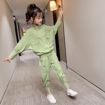 

Children's Girls Tracksuit Green Black Pure Color Pockets Batwing Sleeve Tops+Cargo Pants Two Piece Casual Baby Girl Clothes Set