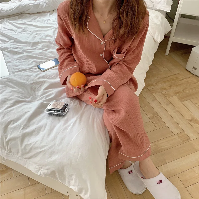 Women's Pajamas Spring Autumn Gauze Long-Sleeve Trouser Sleepwear Cotton Solid Color Lapel Cardigan Korean Casual Loose Homewear pajama sets for women