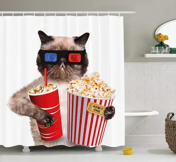 

Movie Theater Decor Cat with Popcorn and Drink Watching Movie Glasses Entertainment Cinema Multicolor Shower Curtain Waterproof