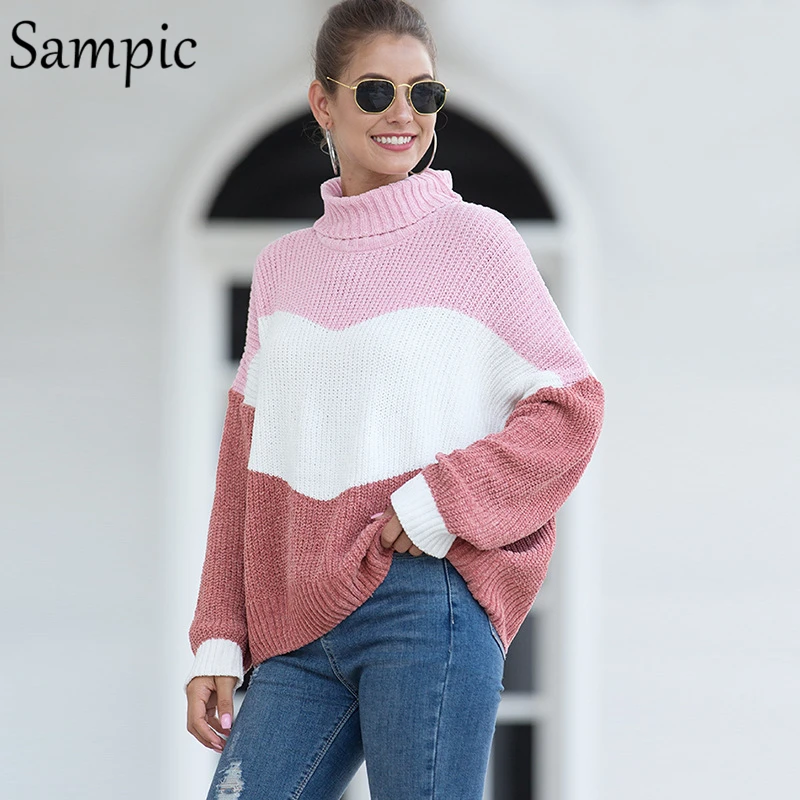 

Sampic women causal turtleneck pullovers winter sweater oversized loose knitted autumn sweater 2019