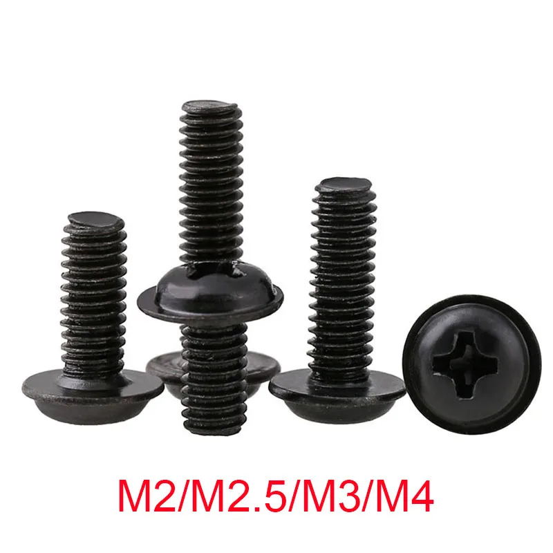 

200PCS M2 M2.5 M3 M4 Phillips Pan/Round Washer Head Carbon Steel Machine Screws Black Referral Computer Case Chassis Fixed