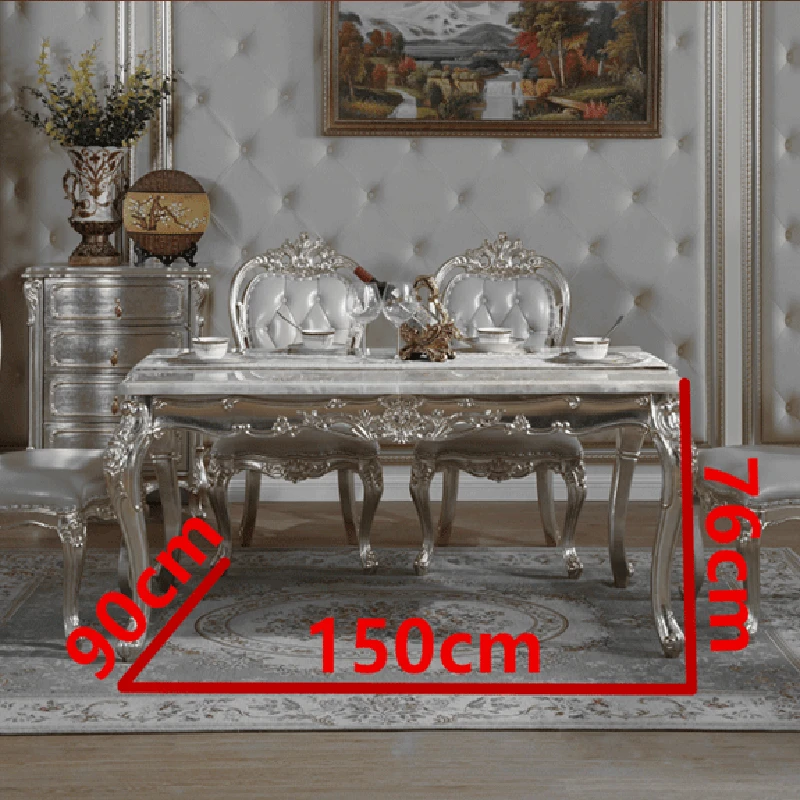 Description Picture 2 of itemEuropean-style Marble Dining Table and Chair Combination Champagne Rectangular Dining Table Solid Wood Carved Dining Chairs