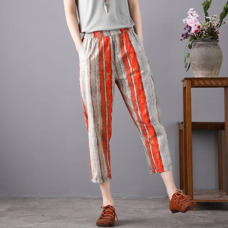 Original. Retro. Print. Cotton and linen pants. Summer new elastic waist casual pants. All-match pants. Harem pants women flower white capris Pants & Capris