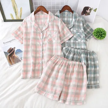 

Plaid Pajamas Cotton Women Home Suit Pyjama Femme Sleepwear Set Pijamas Women Shorts Female Summer Set 2020 Women's Nightie