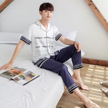 

Couples Pajamas New Products Viscose Thin Spring and Autumn Short Sleeve Imitated Silk Fabric Men and Women Summer Two-Piece Set