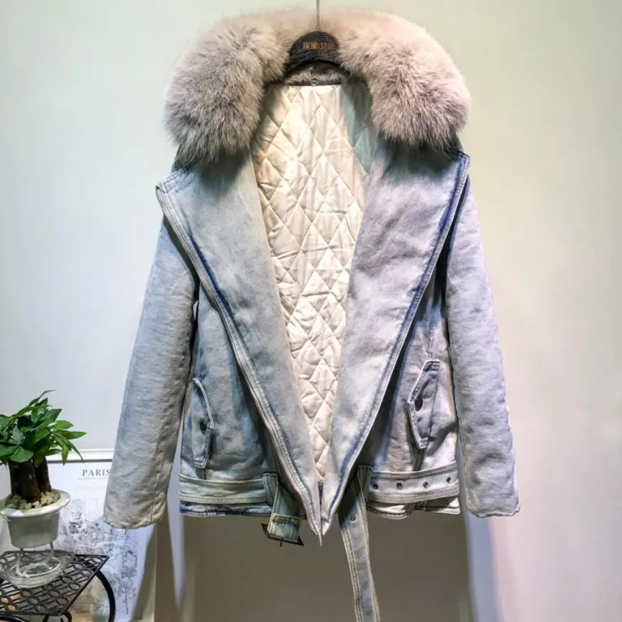 blue with gray fur Зимняя мода, толстое теплое пальто с воротником из натурального Лисьего меха+ настоящий пуховик с хлопковой подкладкой, джинсовая куртка, Женская Толстая Верхняя одежда с натуральным мехом F793 - Цвет: blue with gray fur