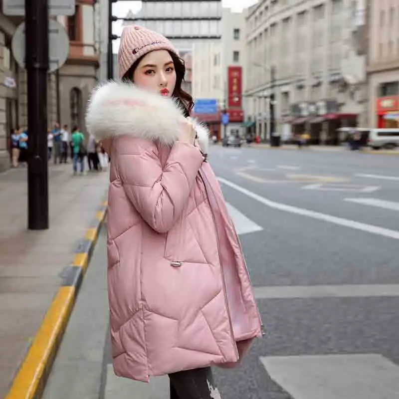 Зимняя куртка женская Повседневная однотонная с большим меховым воротником размера плюс Стиль Верхняя одежда зимняя одежда пальто Pakas - Цвет: Розовый