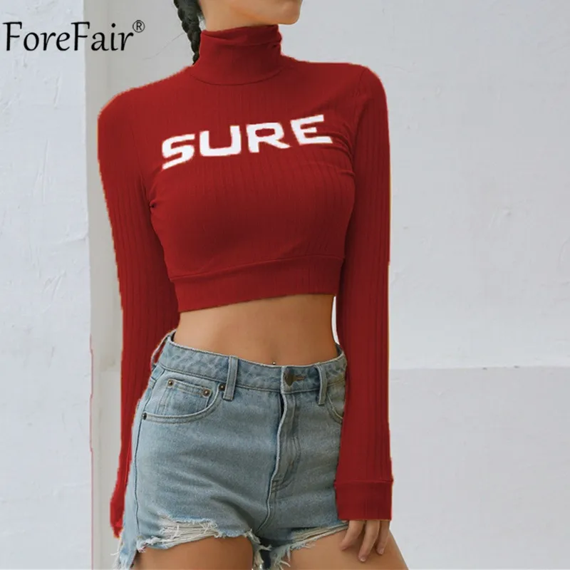 Forefair/Женский Повседневный укороченный топ с длинными рукавами; черный, белый, желтый, красный; Осенняя пикантная уличная водолазка; футболка - Цвет: Красный