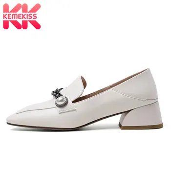 

KEMEKISS Women Real Leather Pumps Fashion Chain Beads Thick Heel Shoes Woman Office Lady Casual Daily Footwear Size 33-40