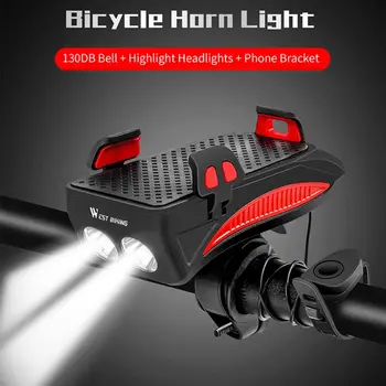 

4 In 1 Bike Front Light LED Headlight with Horn Phone Holder 2000/4000mAh USB Rechargeable Power Bank Bicycle Accessory