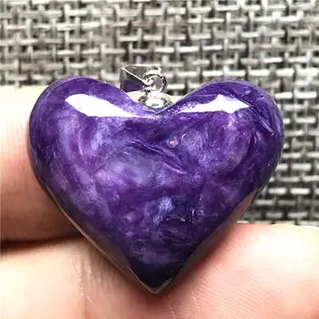 

Necklace Pendant Natural Heart Purple Charoite Jewelry For Woman Man Love Crystal 24x7mm Beads 925 Silver Sterling Jewelry AAAAA