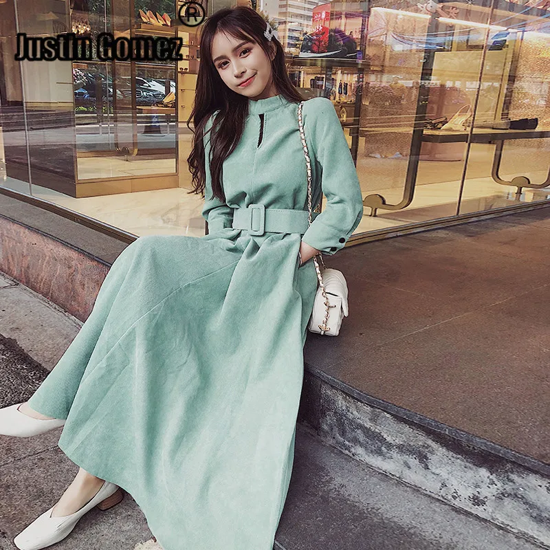 Женское вельветовое платье с поясом элегантное винтажное в европейском стиле