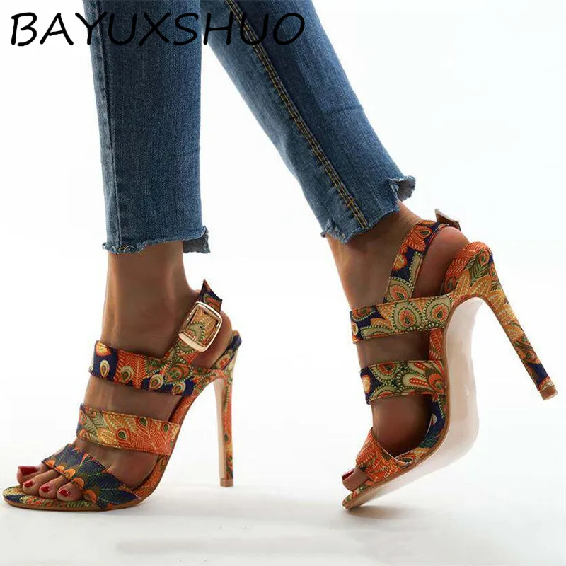 

BAYUXSHUO Women High Heel Sandals Fashion Phoenix Pattern Sandals Sexy Buckle Stiletto Heels Summer Wild Party Shoes Woman Large Size