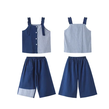 

simple striped 2pcs sets age for 6 - 16 yrs teenage girls vest+pants outfits 2020 new summer fashion stitching children clothes