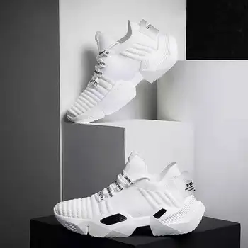 

2019 New Thick-soled Shoes for Men Black White Flyknit Breathable Comfortable Platform Chunky Sneakers Male Spring Autumn