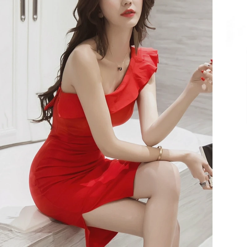 Ladies Sleevelss Sheath Ruffle Wrap Black Mini Dress Women Sexy Dinner Dresses for Women Red One-Shoulder Evening Party Dress