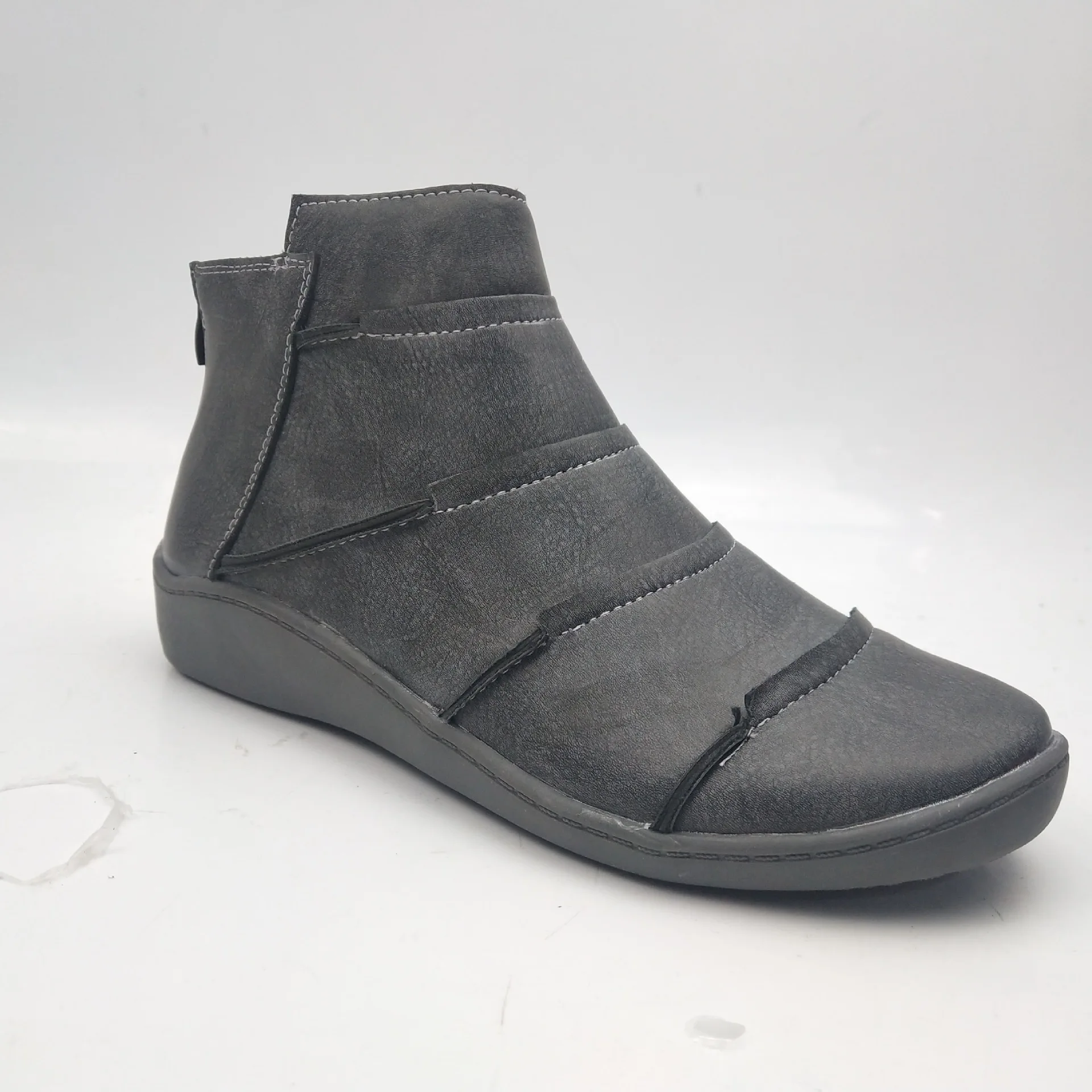 

2020 New Style Spring Short Boots Gray Retro Pleated round-Toe Elasticity Short Boots Versatile Trend Durable Small Leather Boot