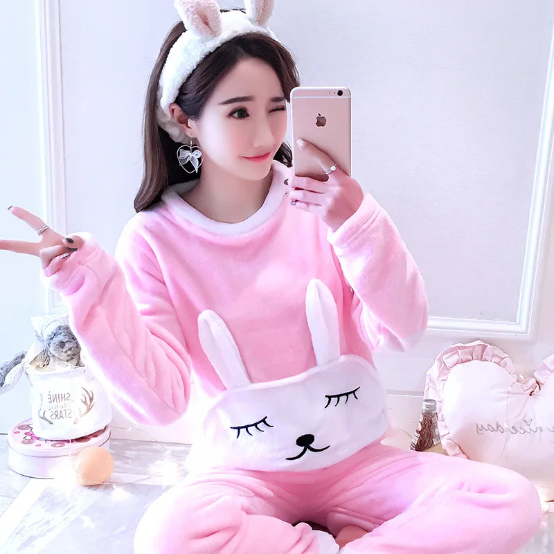 Winter New Women Coral Velvet Sleepwear Ladies Flannel Pajama Set Carton Shiba Inu Multiple Patterns Printing Warm Homewear - Цвет: Pink rabbit