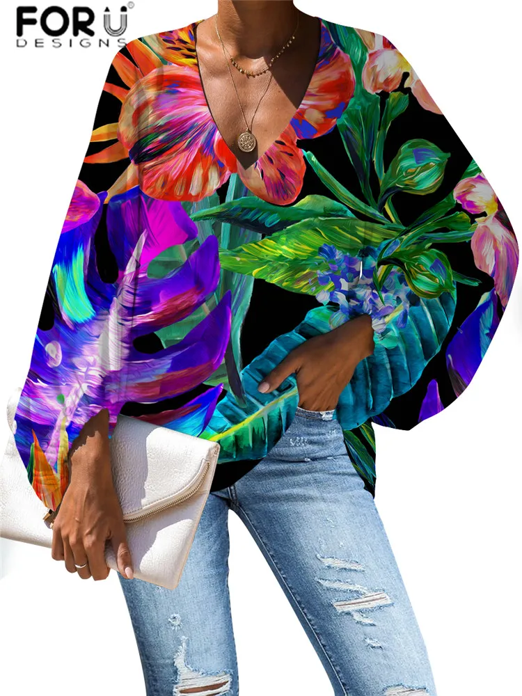 

FORUDESIGNS Tropical Monstera/Flower Pattern Women Blouse Casual Loose Long Sleeve Girls Tops Large Size Female Clothing Shirt