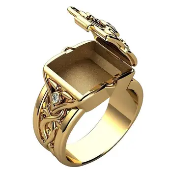 

Luxury Men's Gold White Rings Secret Small Room Coffin Ring Unique Men's Copper Alloy Small Box Flip Ring Fashion Jewelry For Gi