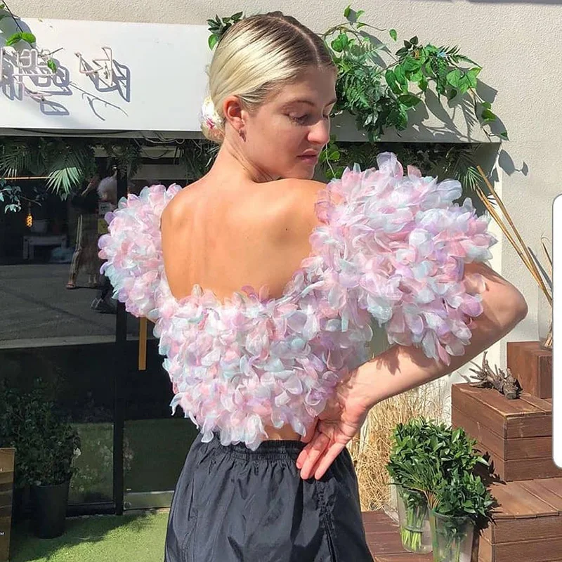 Floral Blouse Slash Neck Puff Sleeve Elegant Women