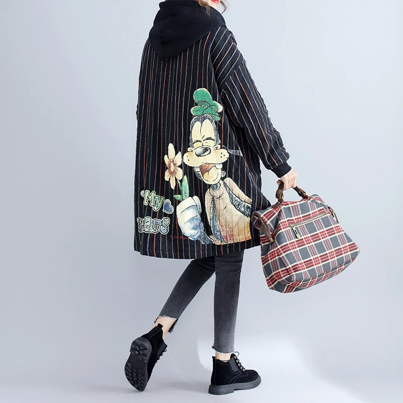 Kawaii/Хлопковые полосатые Harajuku куртка с капюшоном длинное пальто с героями мультфильмов; парка Print Для женщин для женщин; Большие размеры Верхняя одежда Пальто 4XL 5XL
