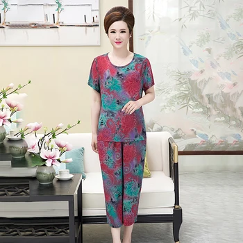 

Casual Vintage Print Women Pant Suits O-Neck Shirt & Calf-Length Pant Female Suit Summer 2020