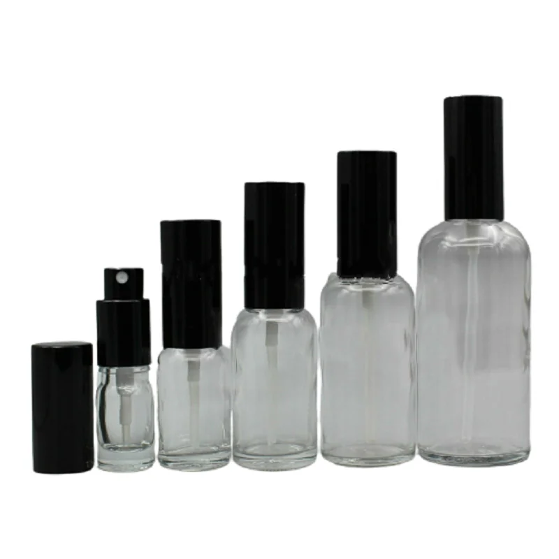 

Empty Clear Glass Perfume Mist Spray Bottle Black Cap Cosmetic Refillable Lotion Pump Vials 5ml 10ml 15ml 20ml 30ml 50ml 100ML