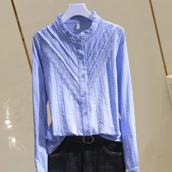 

lace patchwork cotton women shirts summer new turtleneck solid blue long-sleeved slim all match office lady elegant shirts tops