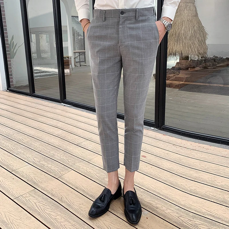 

S-3xl England Men Plaid Printed Capri Casual Pants Korean-style Slim Fit Pants Suit Pants Large Size Business Youth