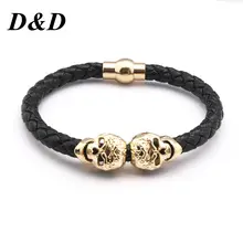 D& D модные плетеные кожаные браслеты браслет с золотыми черепами панк браслет для женщин и мужчин