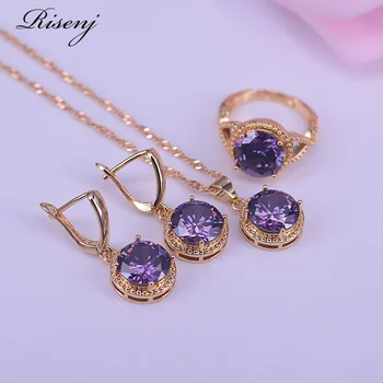 

Risenj Many Colors Purple Crystal 18K Gold Jewelry Set For Women Earrings Ring Necklace Set Adjustable ring Bridal Jewelry
