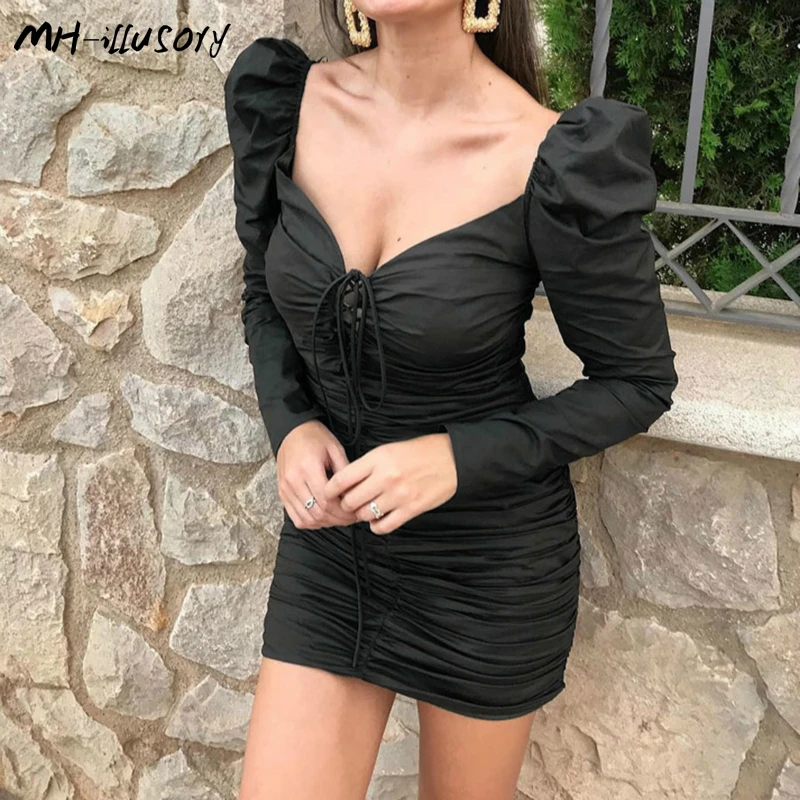 

2019 Newest Women Fashion Sexy Dress Long Sleeve Sequare Collar Black Pleased Dress Women Autumn Winter Party Dresses Vestidos