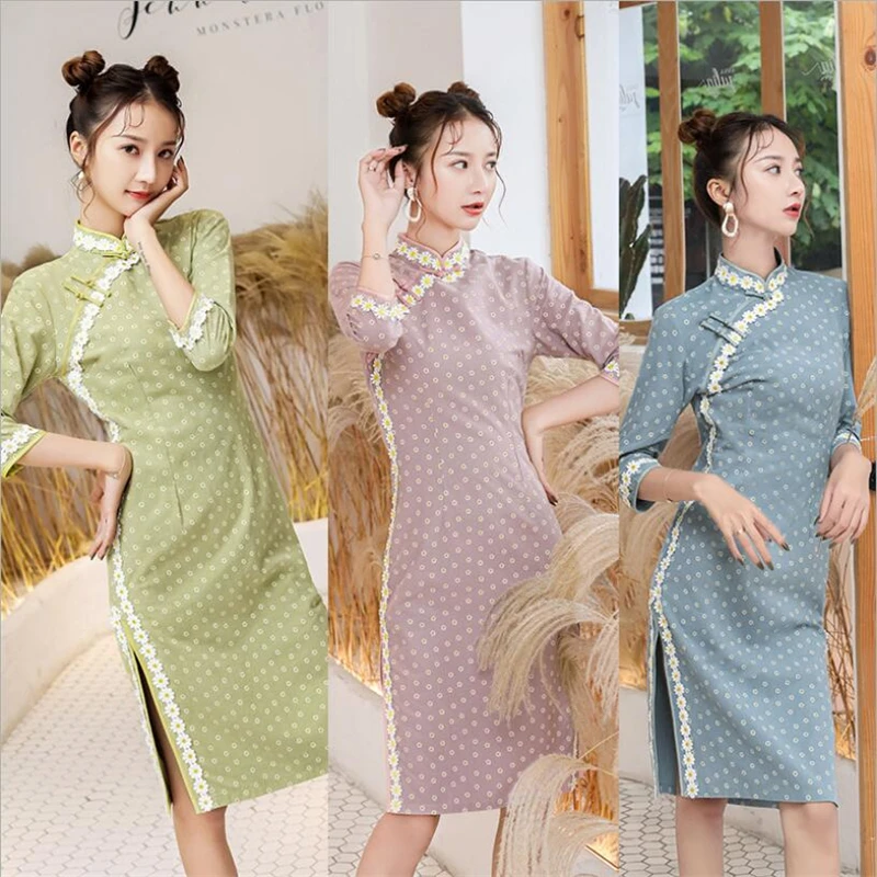 2019 осенние новые китайские женские платья из хлопка и льна chongsam женские классические qipao сексуальные Чонсам с высоким разрезом халат