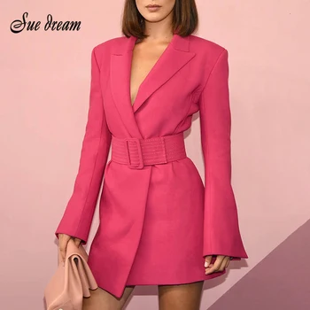 

2020 Autumn New Women'S V-Neck Long-Sleeved Open Waist Belt Slim Suit Mini Dress Black Rose Red Club Party Dress