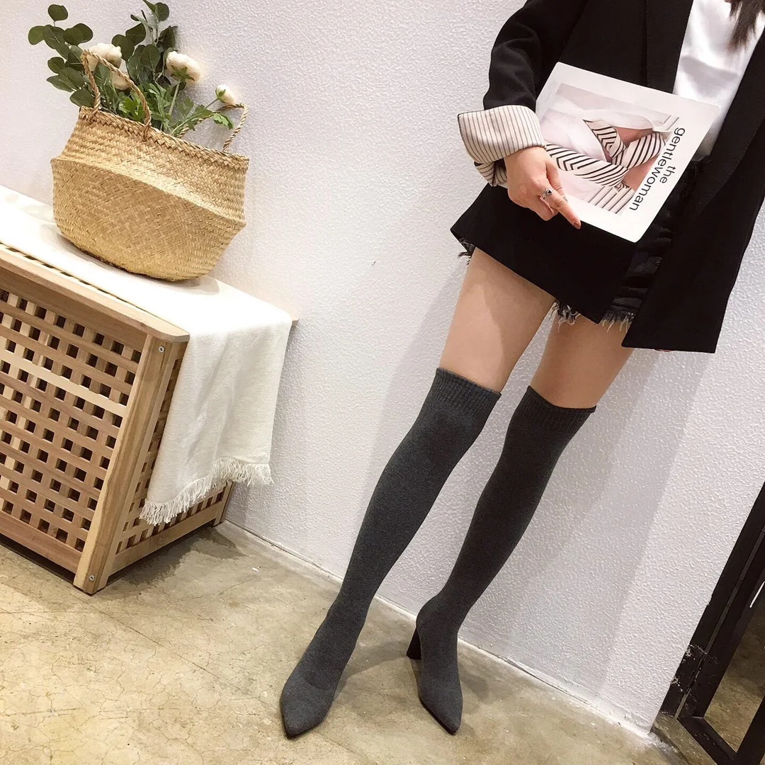 Autumn Elastic Fabric Solid Color Women's Over The Knee Sock Boots High Heels Knitting Pointed Toe Slim Botas Mujer Size 34-39