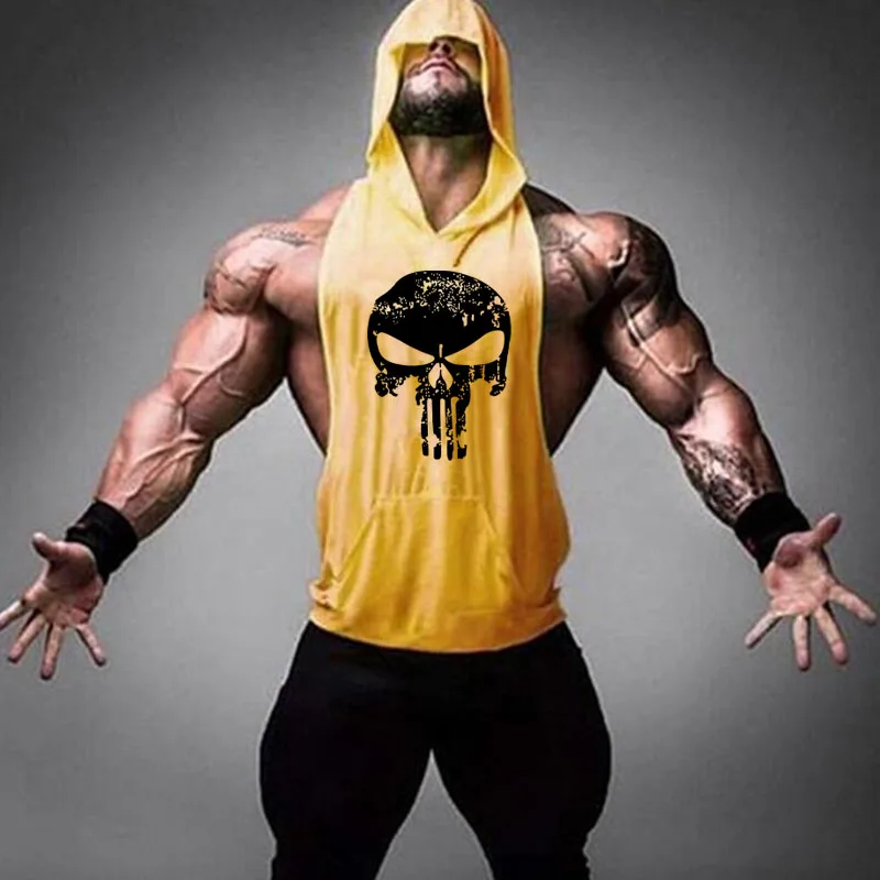 Skull Printing Bodybuilding Hooded Tank Tops men Gyms Stringer Shirt Fitness Tank Top Men Gyms Clothing Cotton Vest Shipping