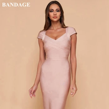 

BANDAGE Autumn New Bandage Dress Women Bodycon Vestidos Cap Sleeve V Neck Nude Red Celebrity Cocktail Party Dress Clubwear