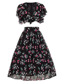 

Summer Elegant Office Ladies Vintage Black Sweet Plus Size Party 2 Piece Set Women Shirts Midi Skirts Falbala Pleated Dress