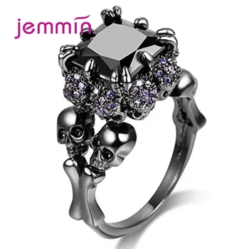 

Rock Punk Black Gun Skull Rings 925 Sterling Silver Skeleton Bague for Women Men White Black Purple Cubic Zircon Halloween Gift