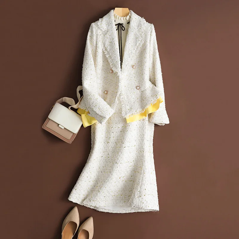 Белый твидовый пиджак + юбка костюм 2019 весна/осень/зима женский модный 2 комплекта