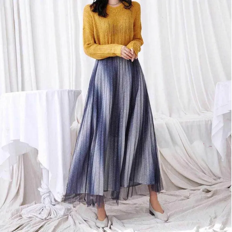 Весенне-осенняя Женская градиентная сетчатая юбка миди, новинка, Корейская версия, эластичная Тюлевая трапециевидная плиссированная юбка с высокой талией, Faldas