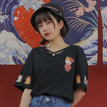 

Women Cute Cat Short-sleeved T-shirt Japanese Girls Student 2020 Summer Sweet Vintag Casual Black Pullover Tops Preppy Style