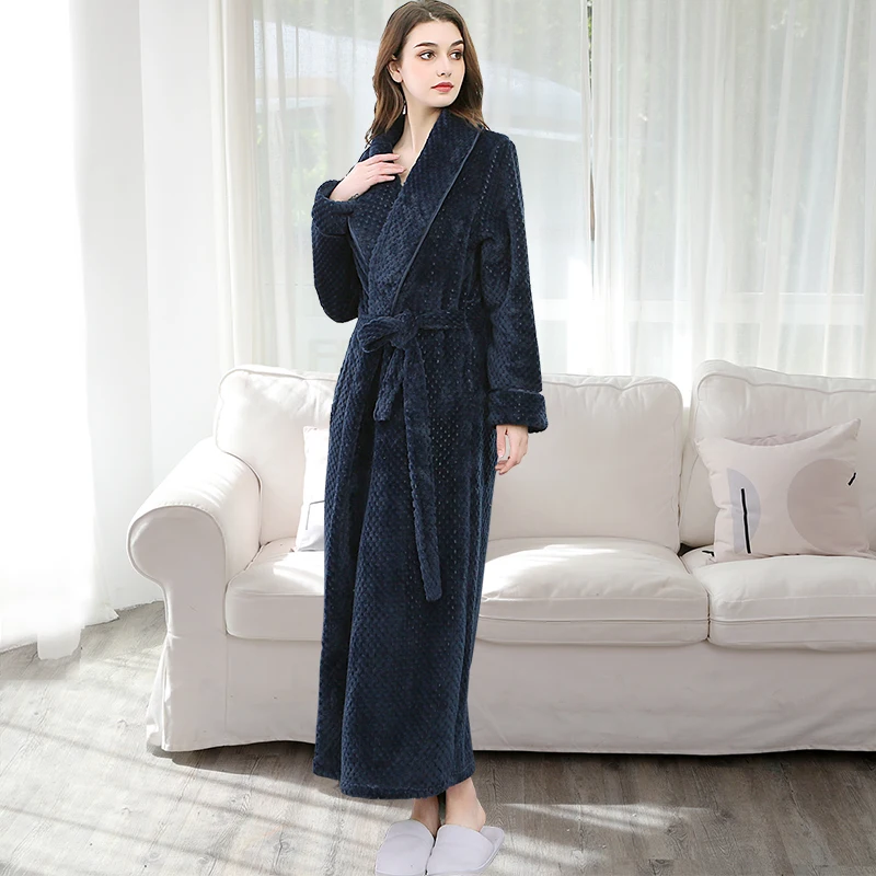 Женский мужской зимний длинный теплый фланелевый банный халат большого размера, кимоно, Коралловый флисовый халат для подружки невесты, мужской халат, одежда для сна - Цвет: Women Navy 911
