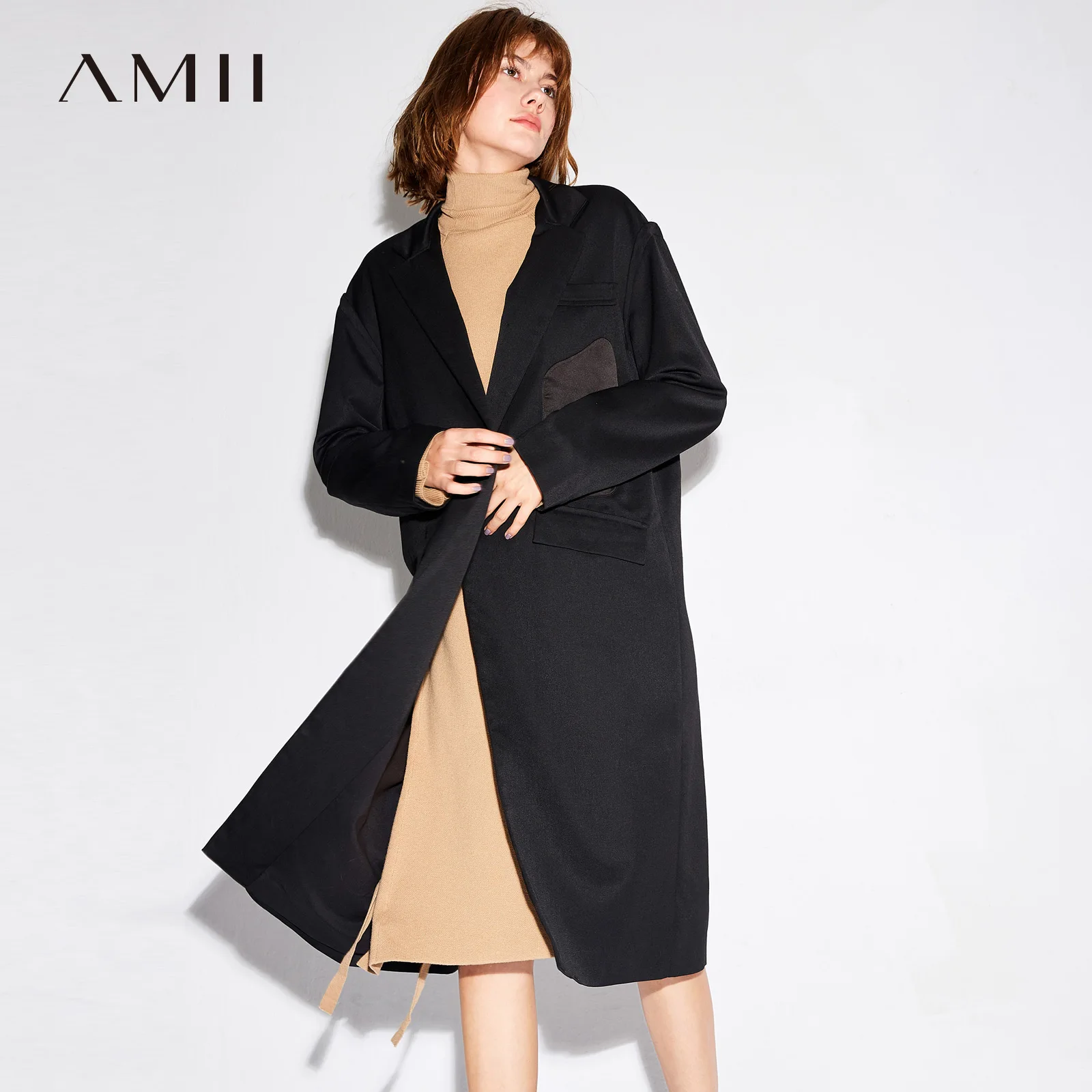 Amii минималистичный модный длинный Тренч женский осенне зимний офисный